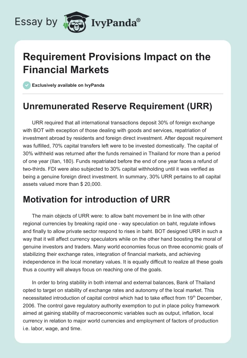 Requirement Provisions Impact on the Financial Markets. Page 1