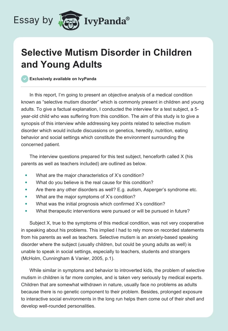 Selective Mutism Disorder in Children and Young Adults. Page 1