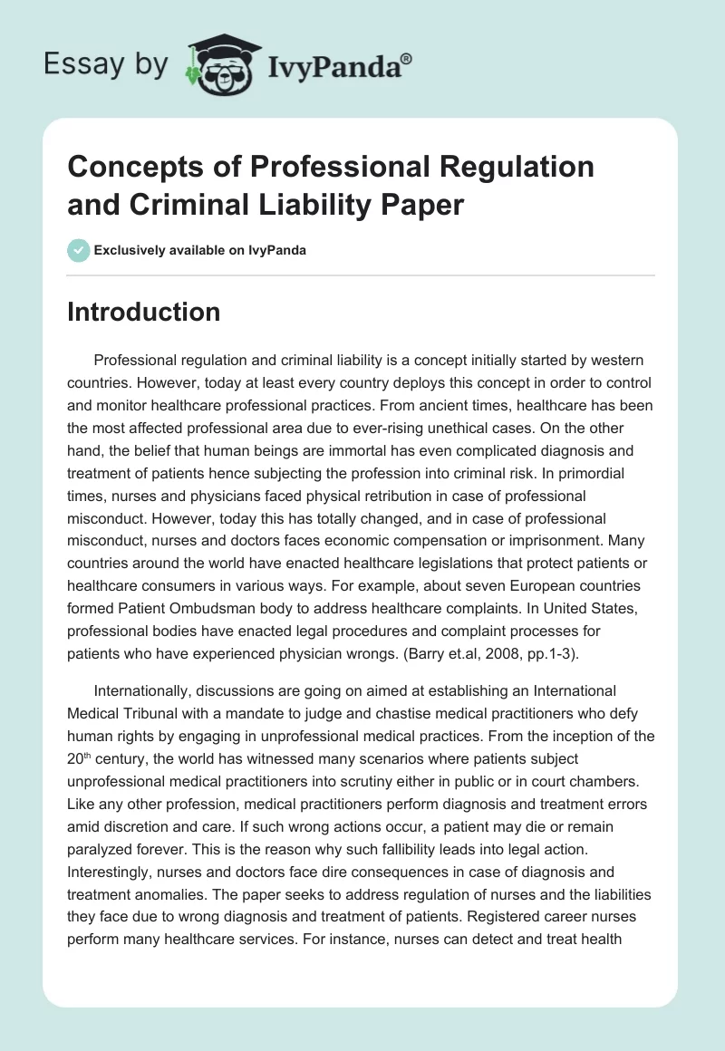 Concepts of Professional Regulation and Criminal Liability Paper. Page 1