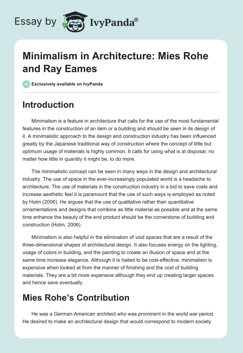 Minimalism in Architecture: Mies Rohe and Ray Eames. Page 1