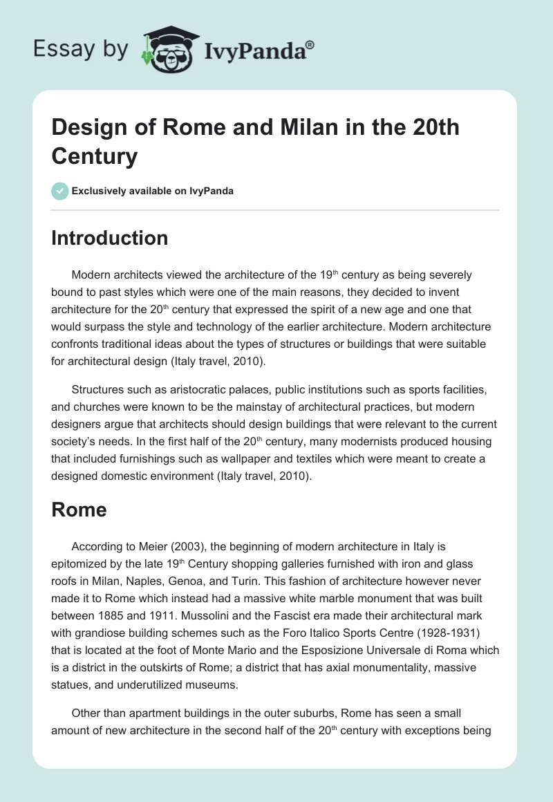 Design of Rome and Milan in the 20th Century. Page 1