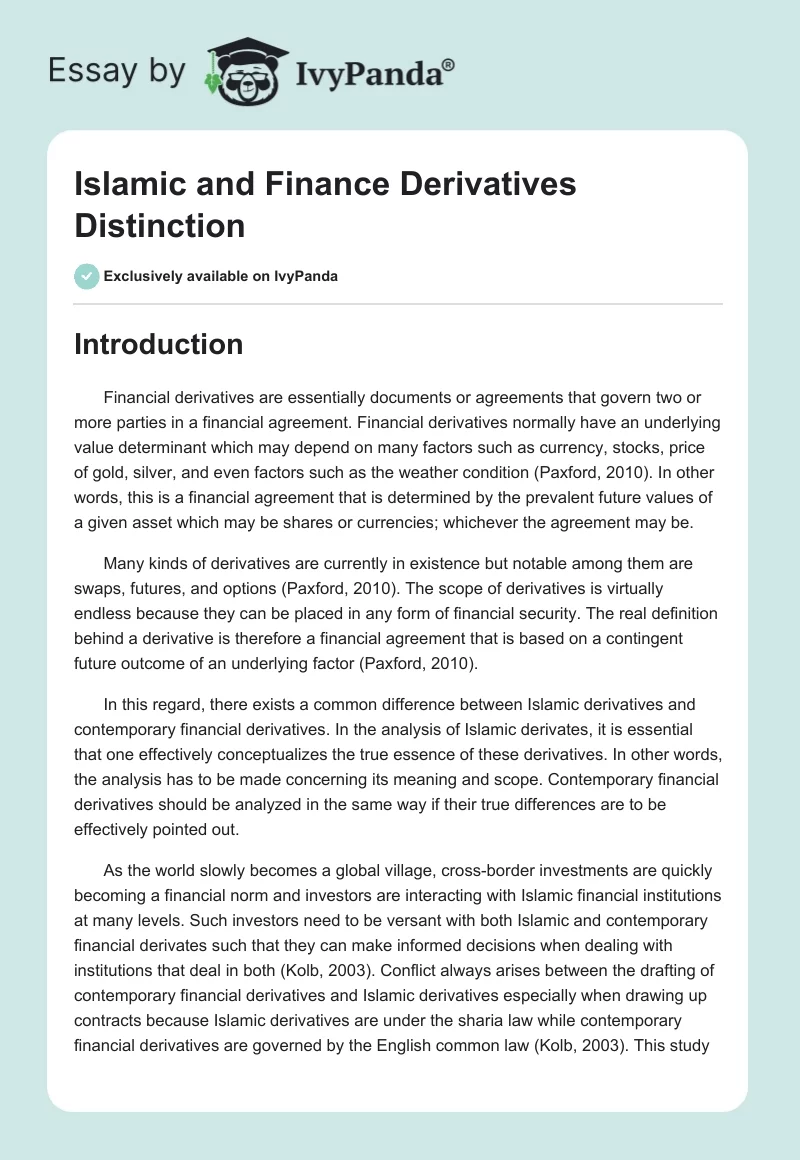 Islamic and Finance Derivatives Distinction. Page 1
