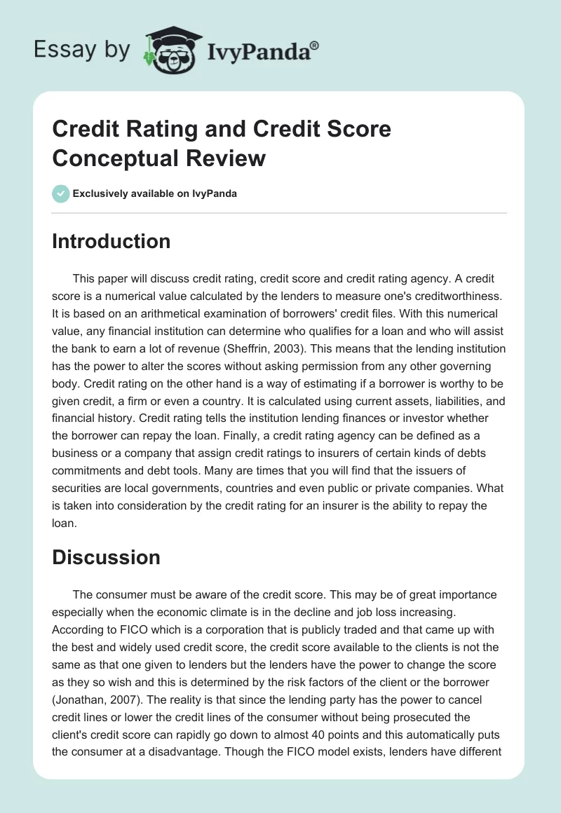 Credit Rating and Credit Score Conceptual Review. Page 1
