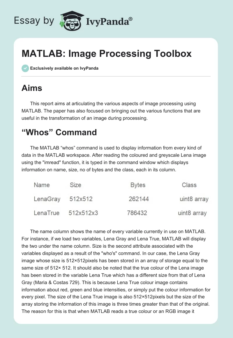 MATLAB: Image Processing Toolbox. Page 1