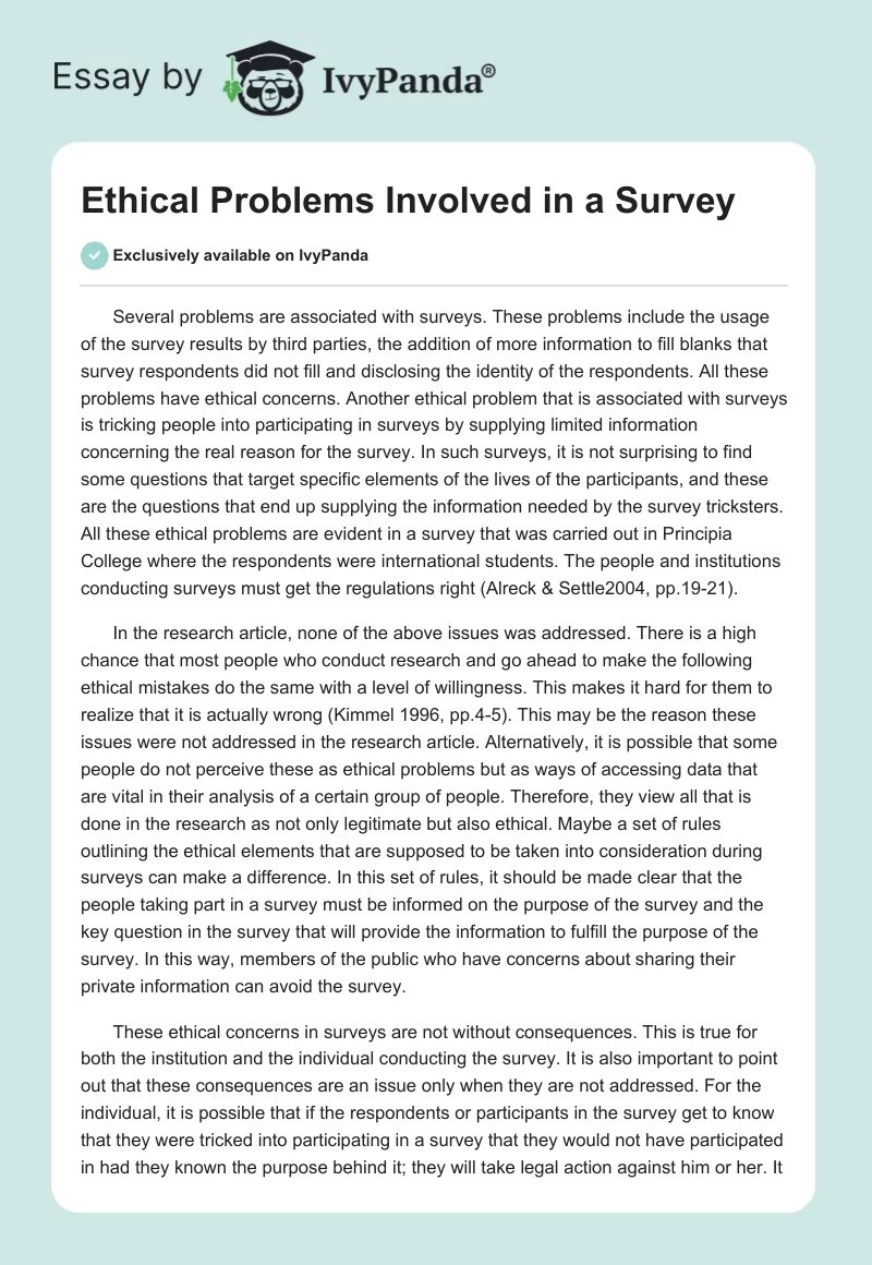 Ethical Problems Involved in a Survey. Page 1