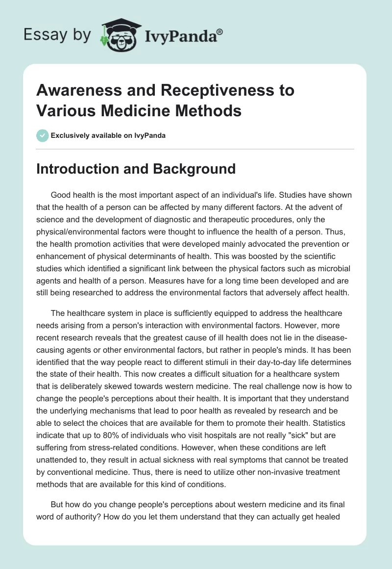 Awareness and Receptiveness to Various Medicine Methods. Page 1
