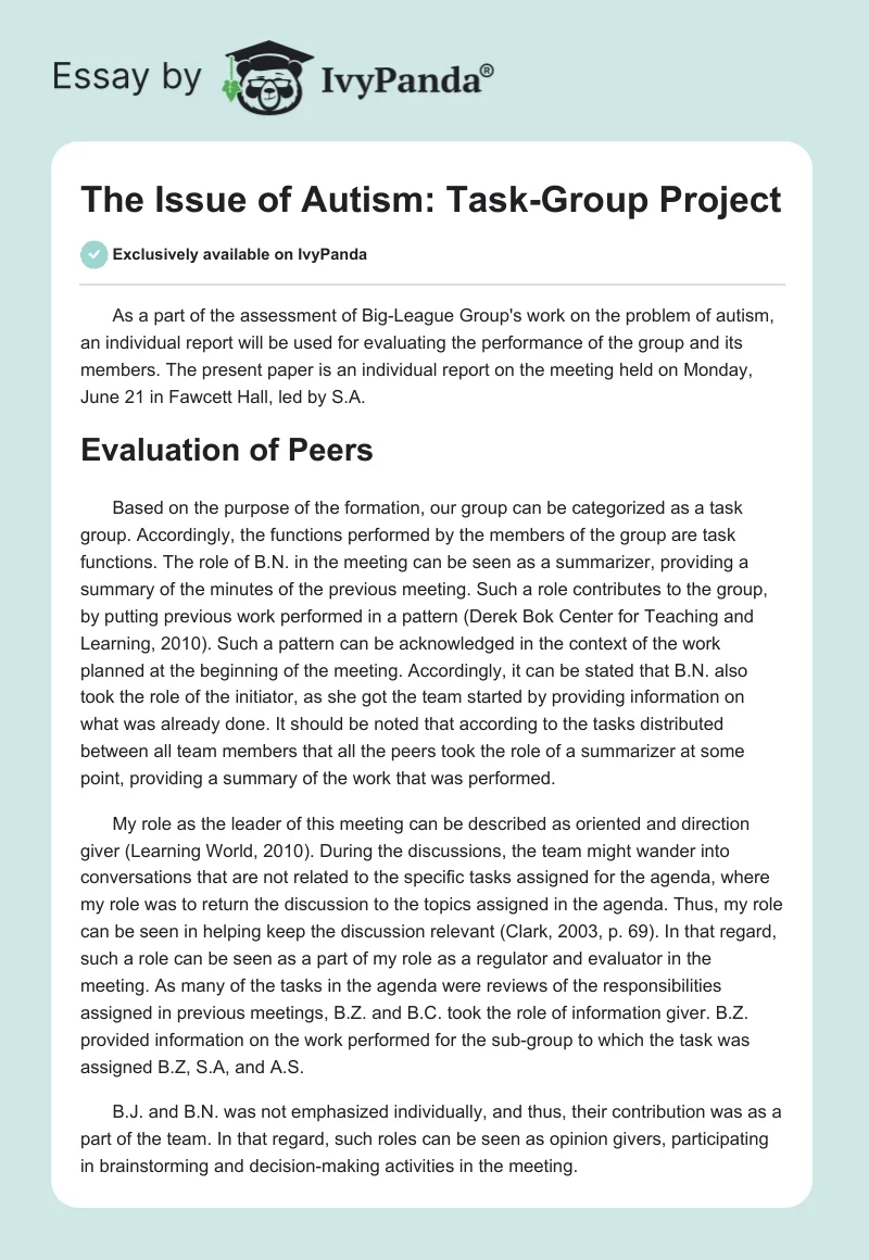 The Issue of Autism: Task-Group Project. Page 1