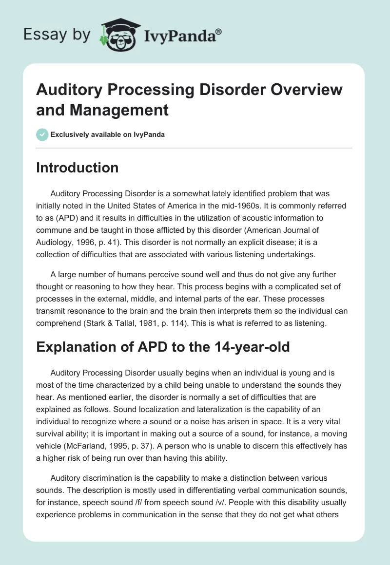 Auditory Processing Disorder Overview and Management. Page 1