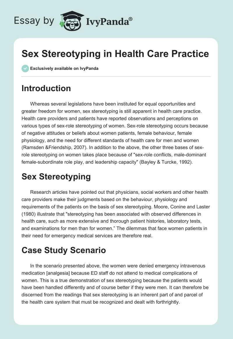 Sex Stereotyping in Health Care Practice. Page 1
