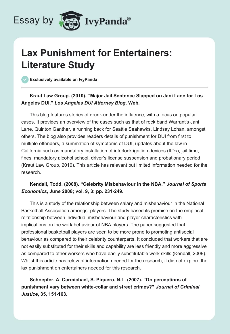 Lax Punishment for Entertainers: Literature Study. Page 1