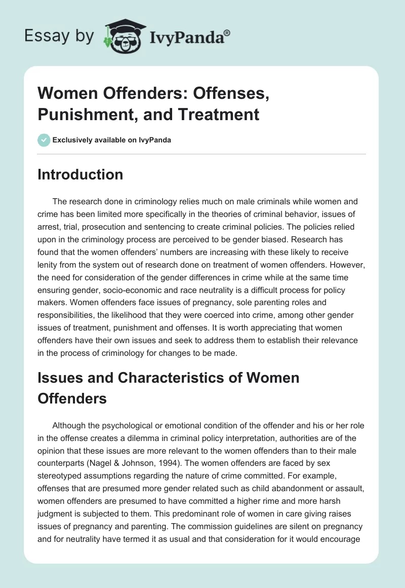 Women Offenders: Offenses, Punishment, and Treatment. Page 1