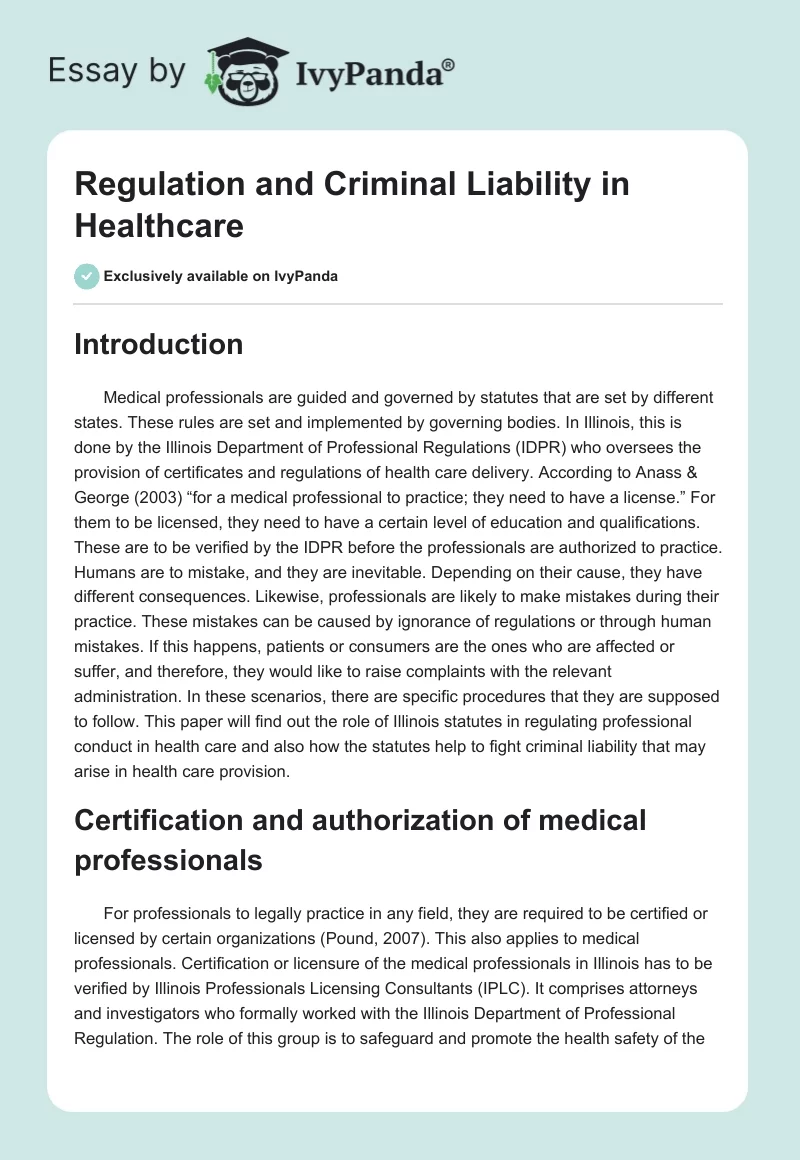 Regulation and Criminal Liability in Healthcare. Page 1