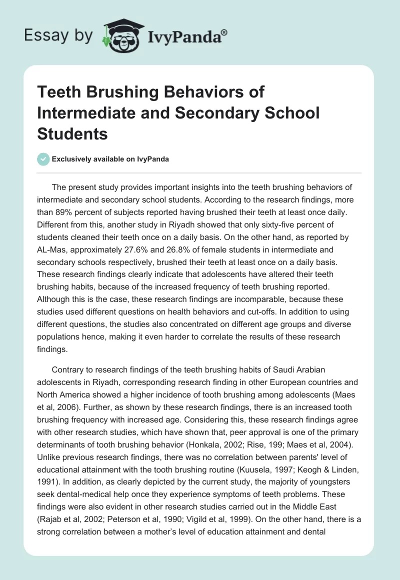 Teeth Brushing Behaviors of Intermediate and Secondary School Students. Page 1