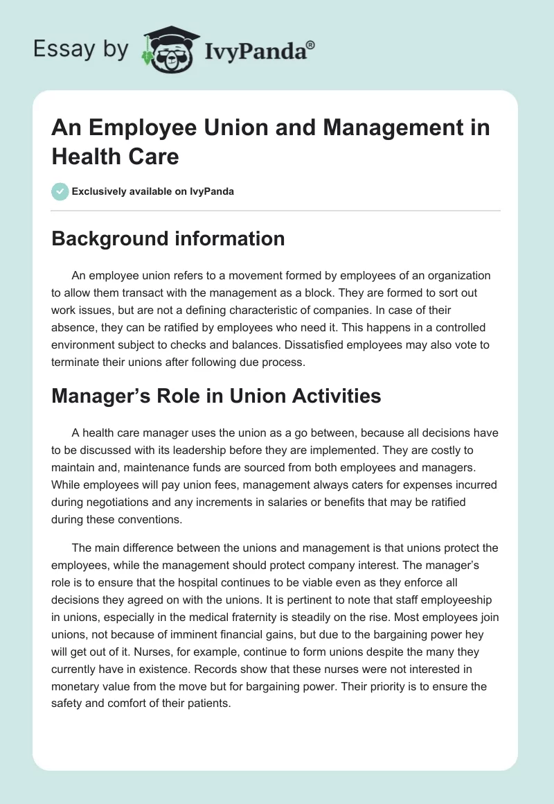 An Employee Union and Management in Health Care. Page 1