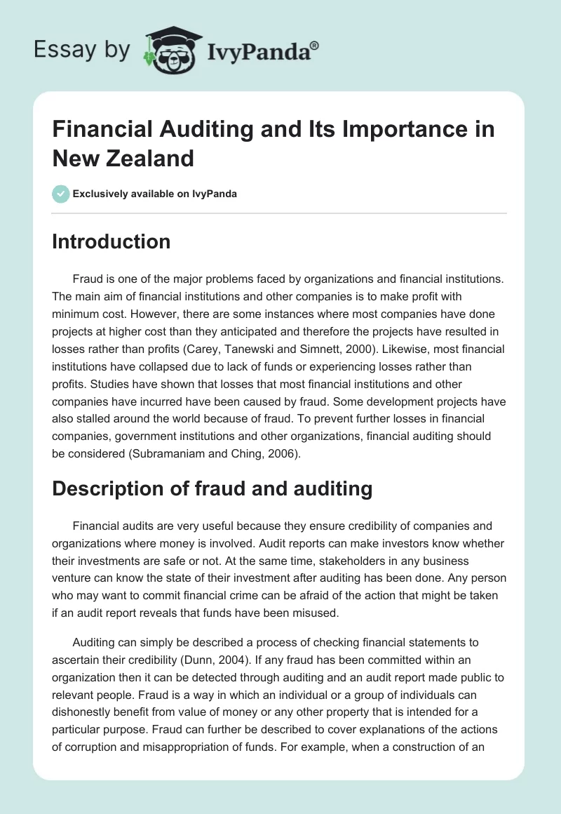 Financial Auditing and Its Importance in New Zealand. Page 1