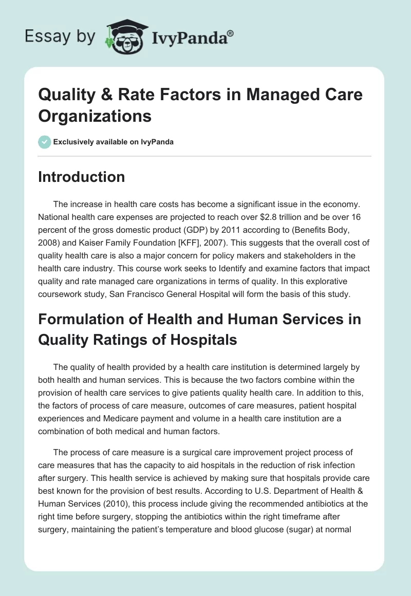 Quality & Rate Factors in Managed Care Organizations. Page 1