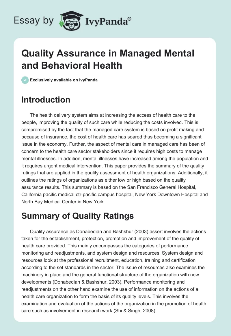 Quality Assurance in Managed Mental and Behavioral Health. Page 1