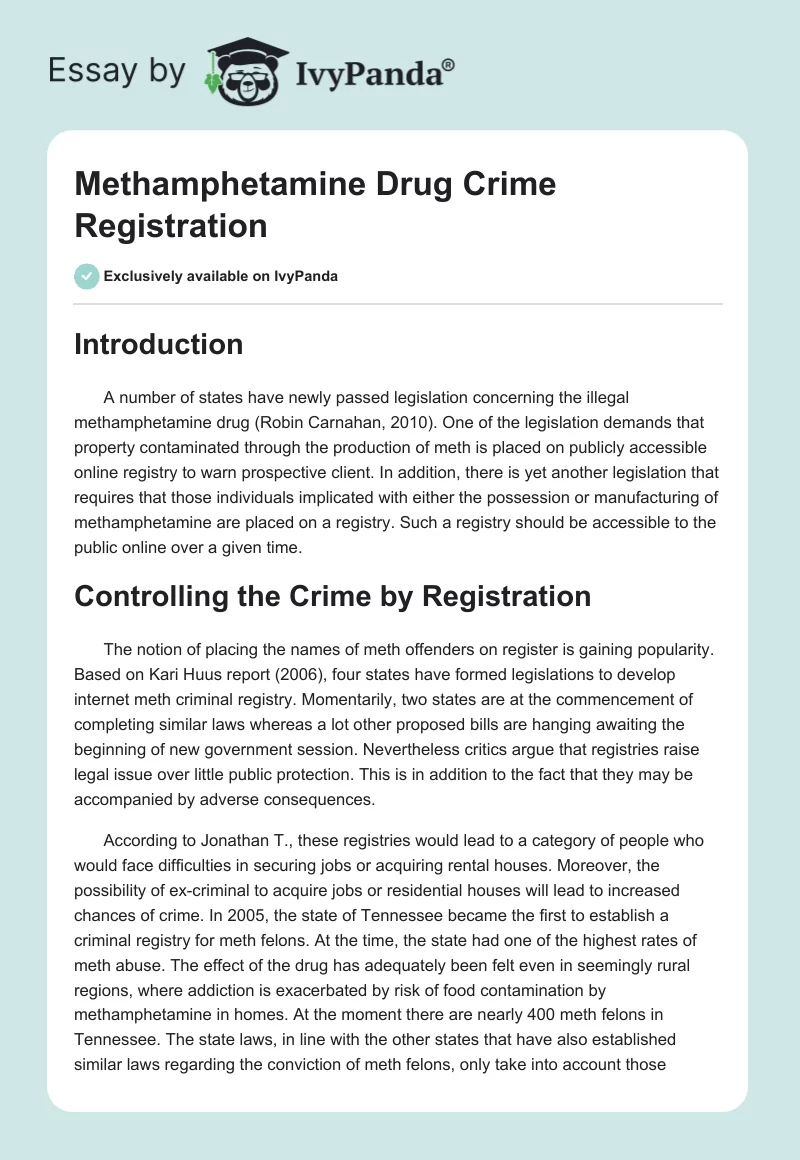 Methamphetamine Drug Crime Registration. Page 1