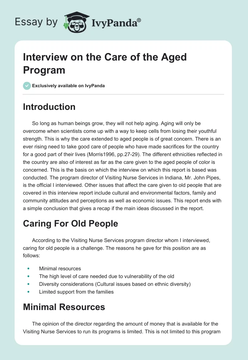 Interview on the Care of the Aged Program. Page 1