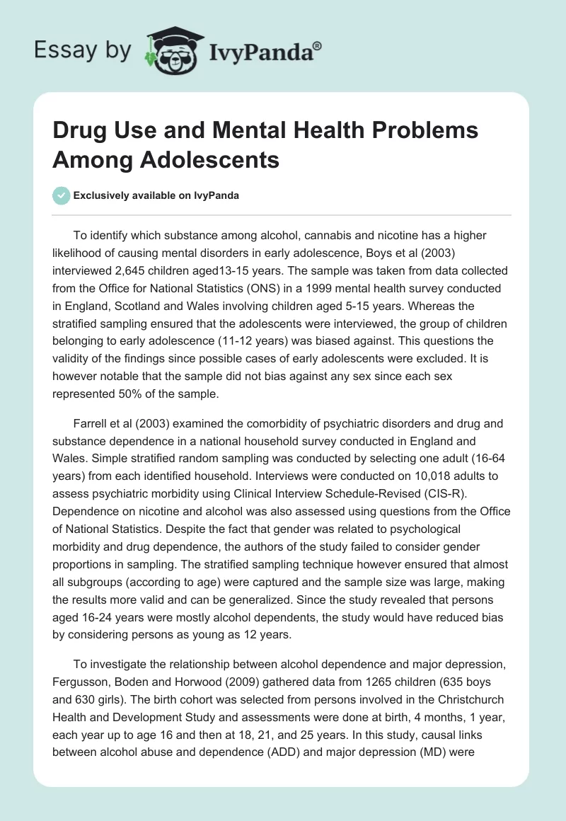 Drug Use and Mental Health Problems Among Adolescents. Page 1