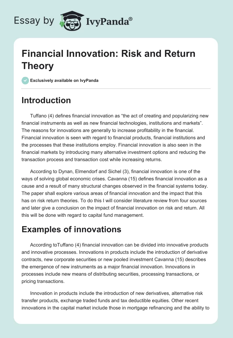 Financial Innovation: Risk and Return Theory. Page 1