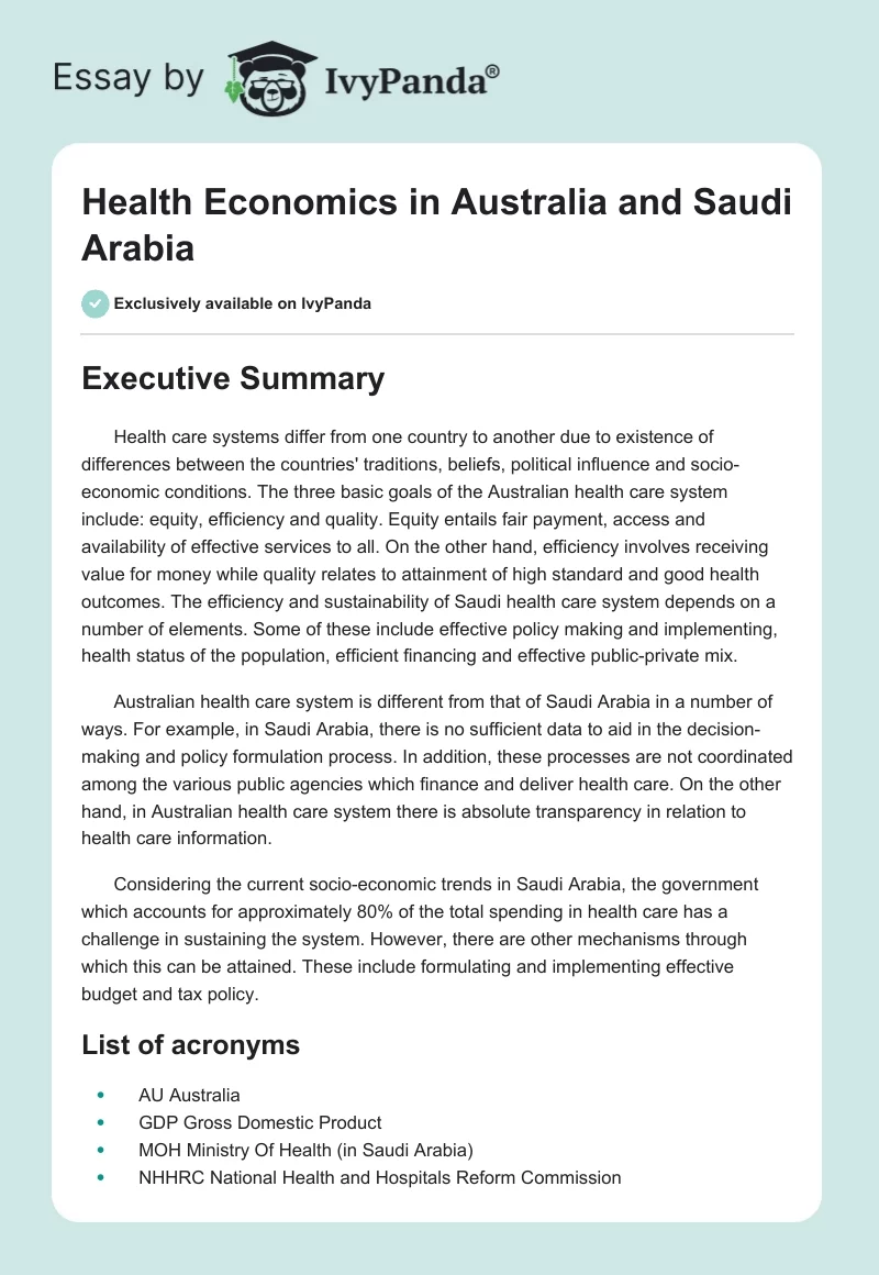 Health Economics in Australia and Saudi Arabia. Page 1
