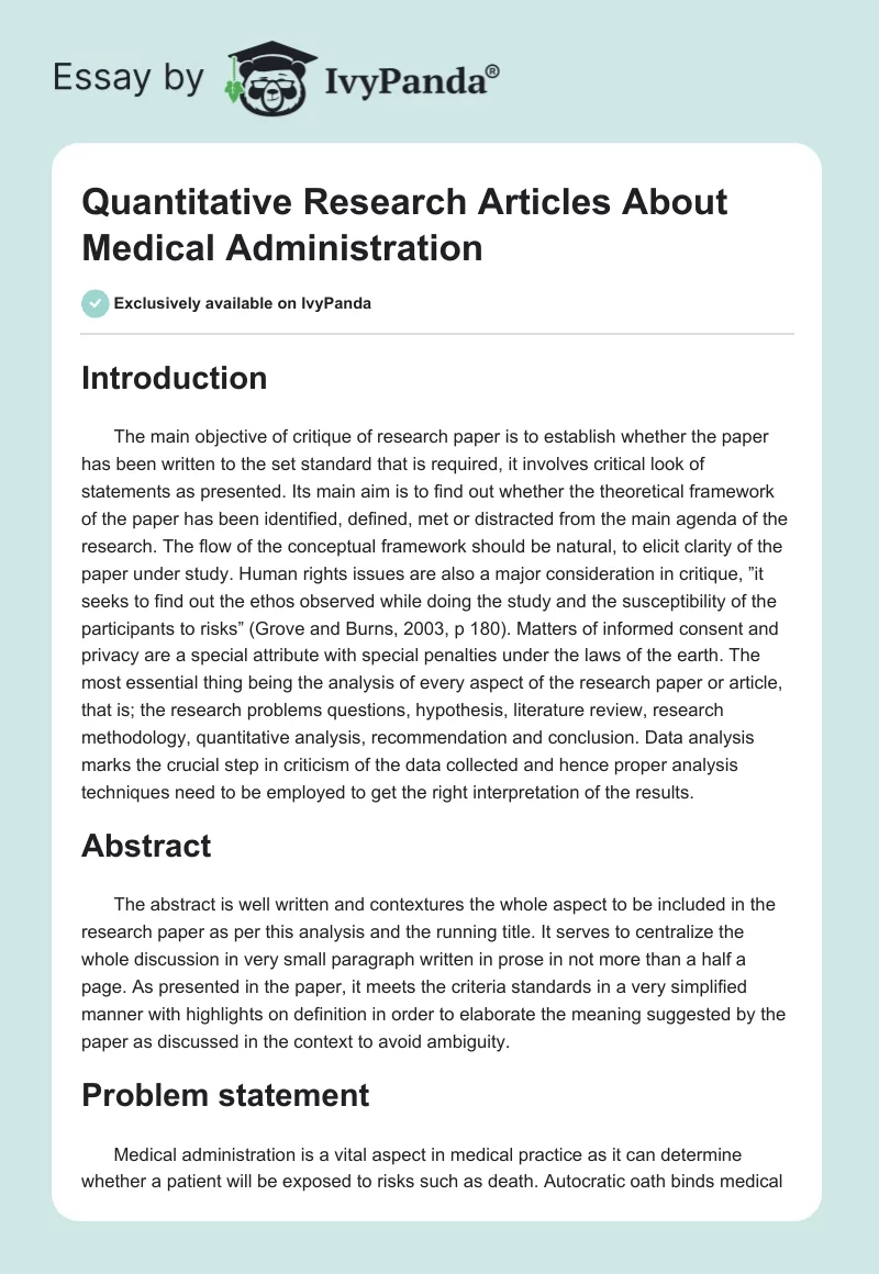 Quantitative Research Articles About Medical Administration. Page 1