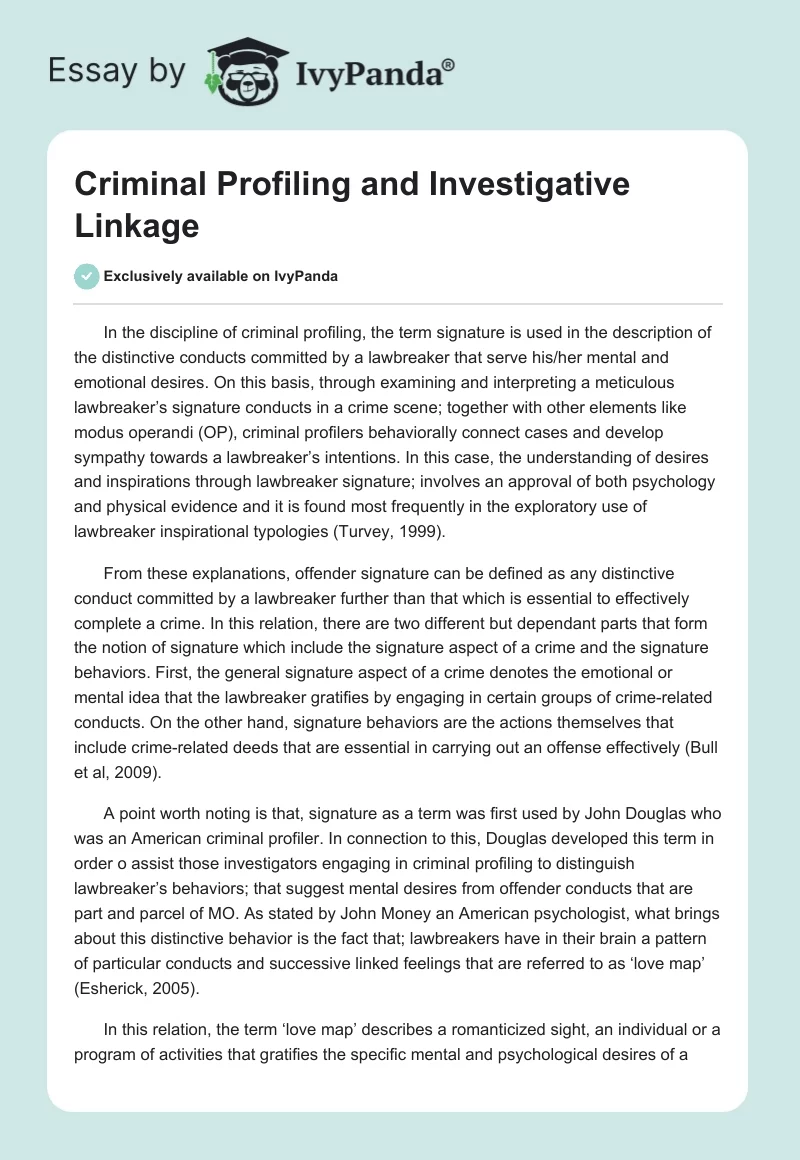 Criminal Profiling and Investigative Linkage. Page 1