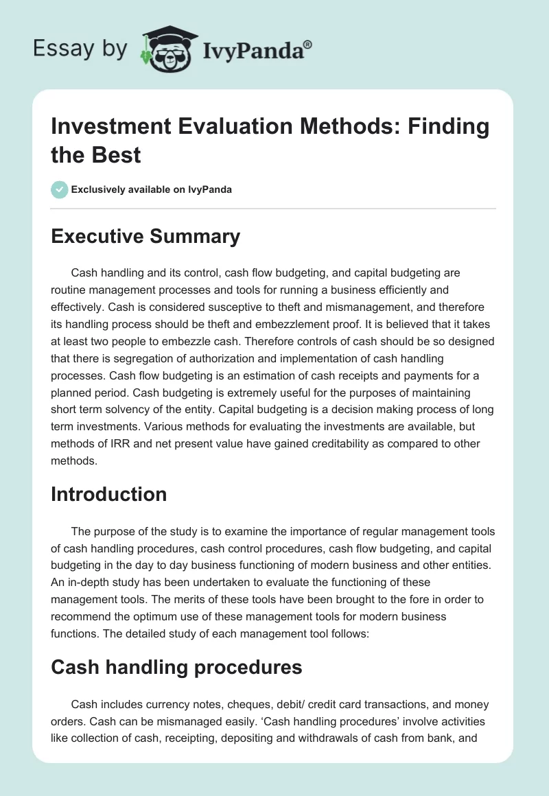 Investment Evaluation Methods: Finding the Best. Page 1