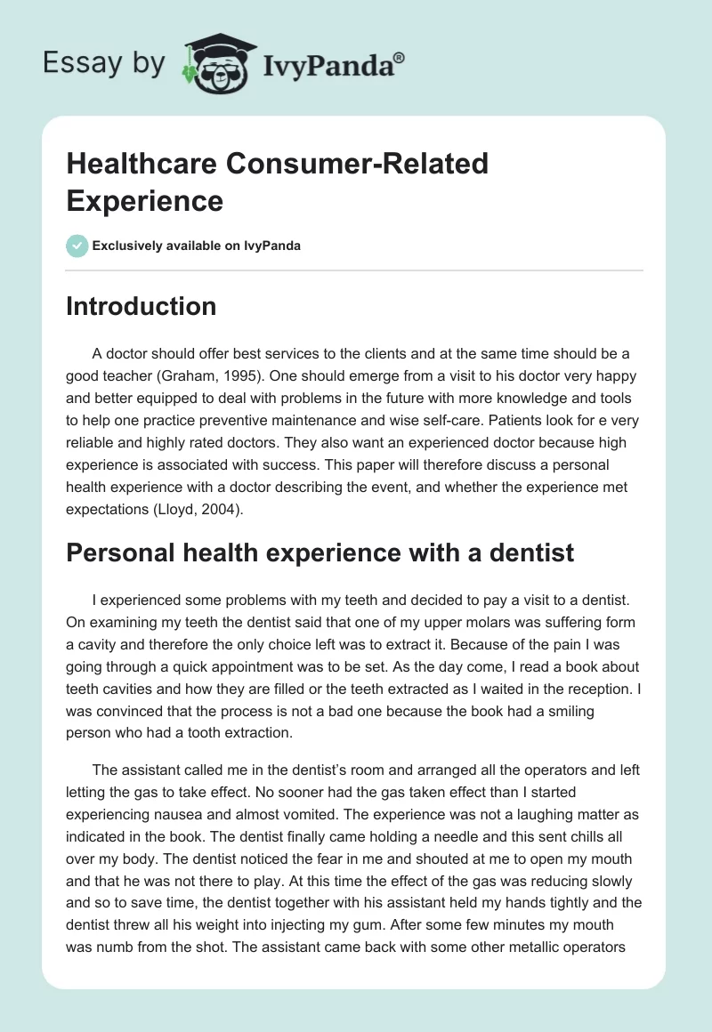 Healthcare Consumer-Related Experience. Page 1