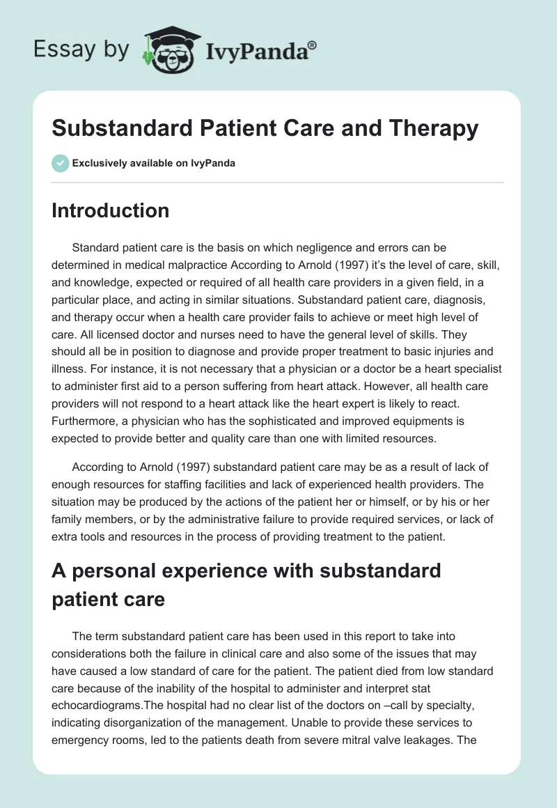 Substandard Patient Care and Therapy. Page 1