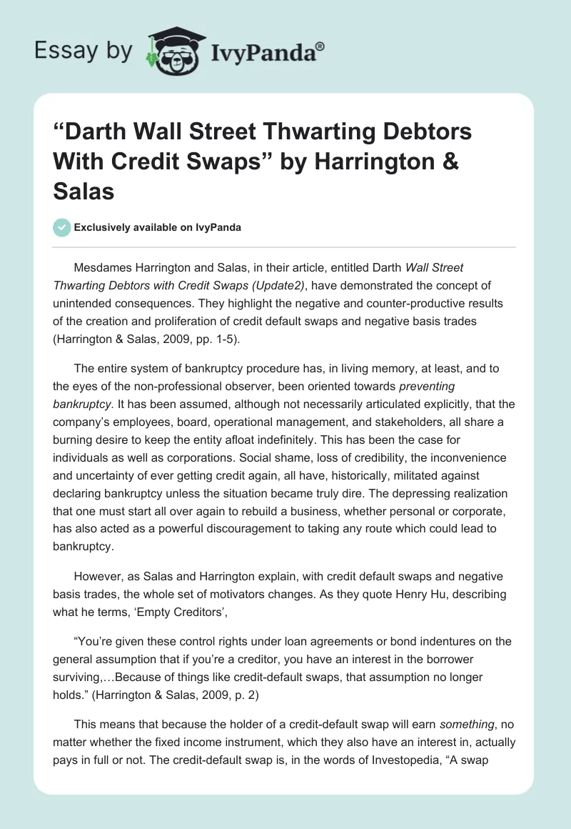 “Darth Wall Street Thwarting Debtors With Credit Swaps” by Harrington & Salas. Page 1