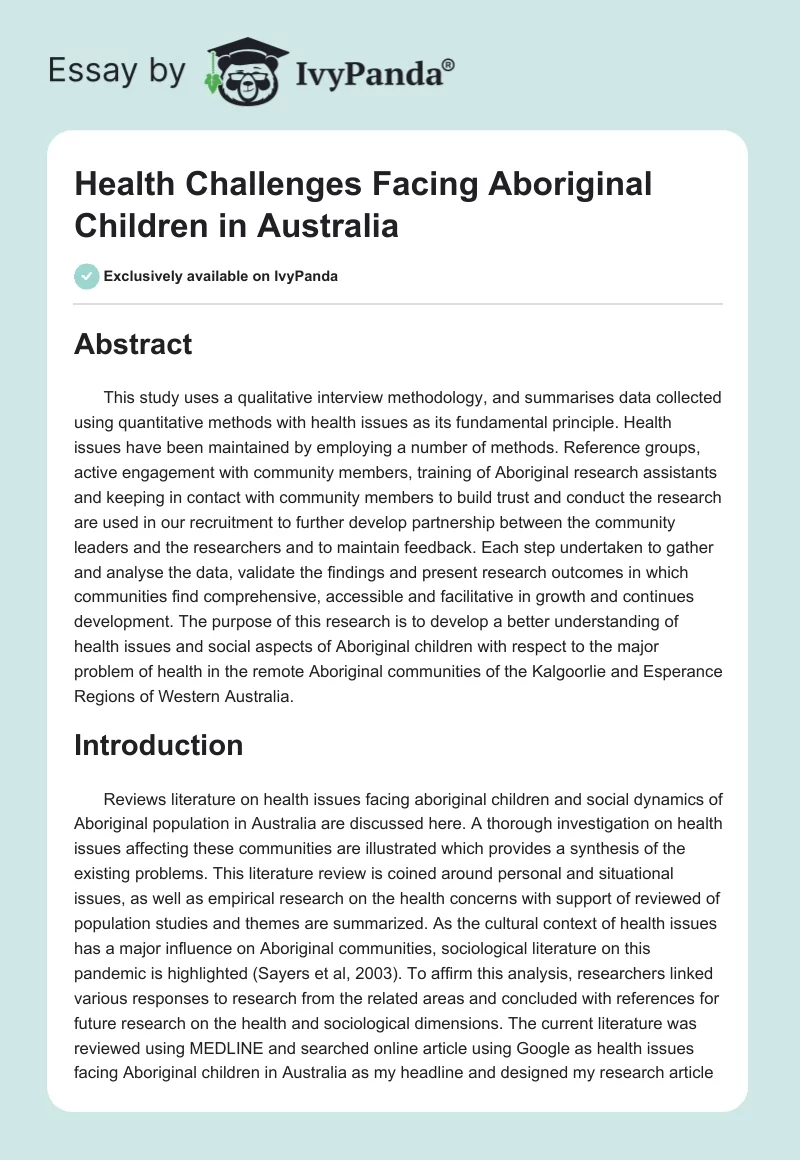 Health Challenges Facing Aboriginal Children in Australia. Page 1