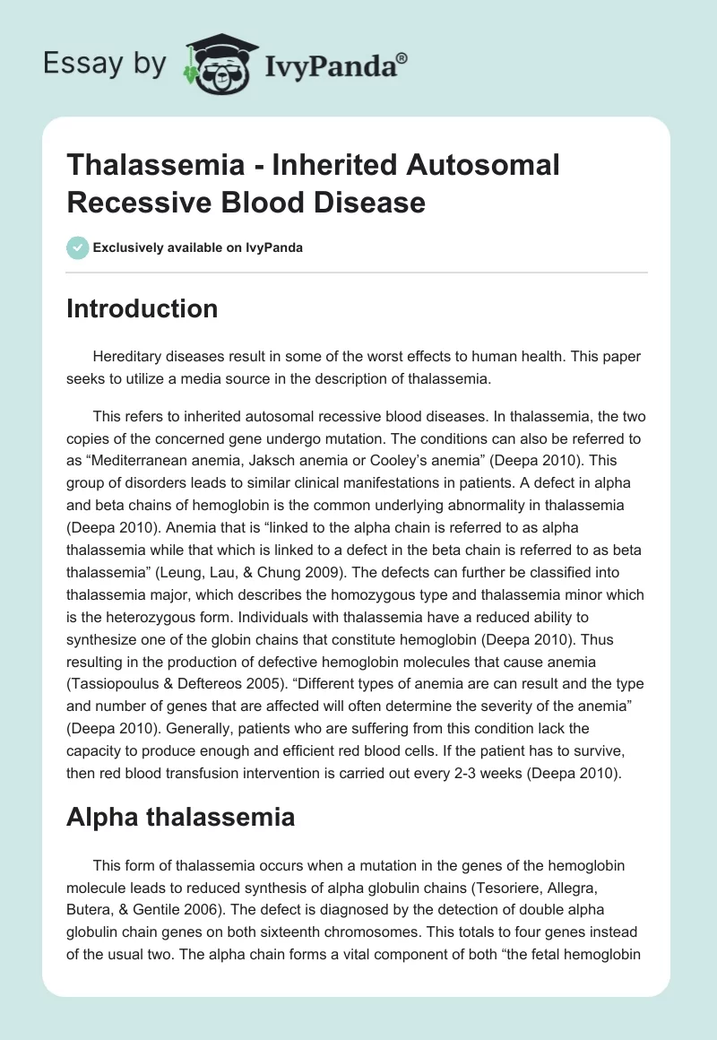 Thalassemia - Inherited Autosomal Recessive Blood Disease. Page 1