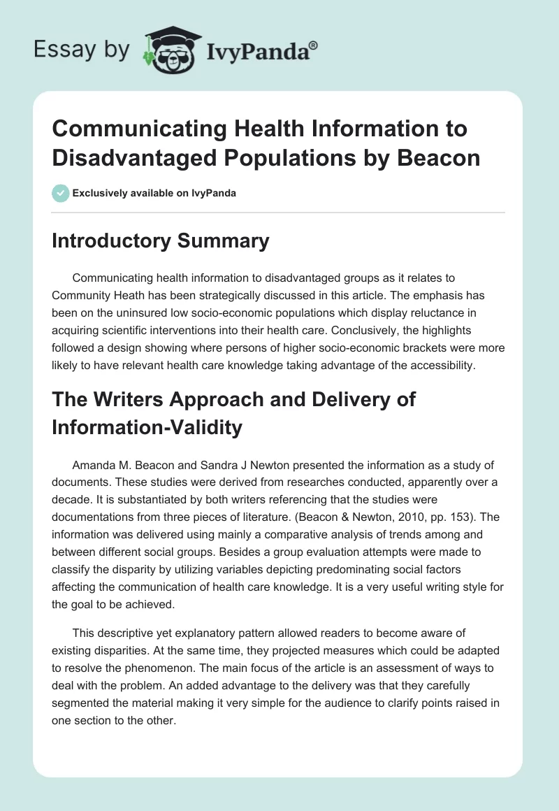 "Communicating Health Information to Disadvantaged Populations" by Beacon. Page 1