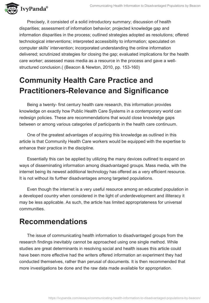 "Communicating Health Information to Disadvantaged Populations" by Beacon. Page 2