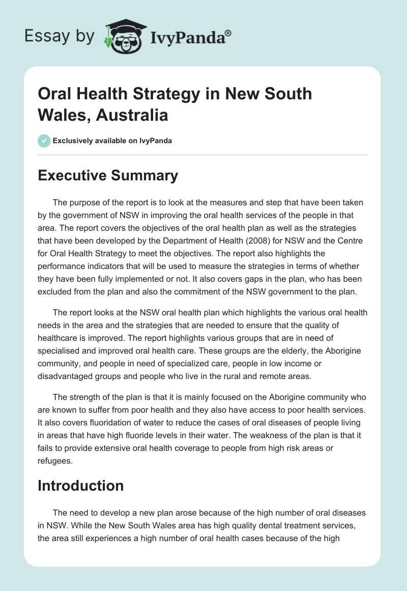 Oral Health Strategy in New South Wales, Australia. Page 1