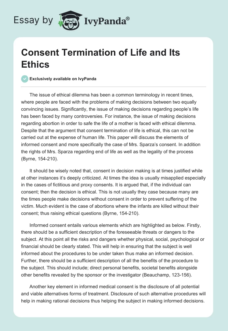 Consent Termination of Life and Its Ethics. Page 1