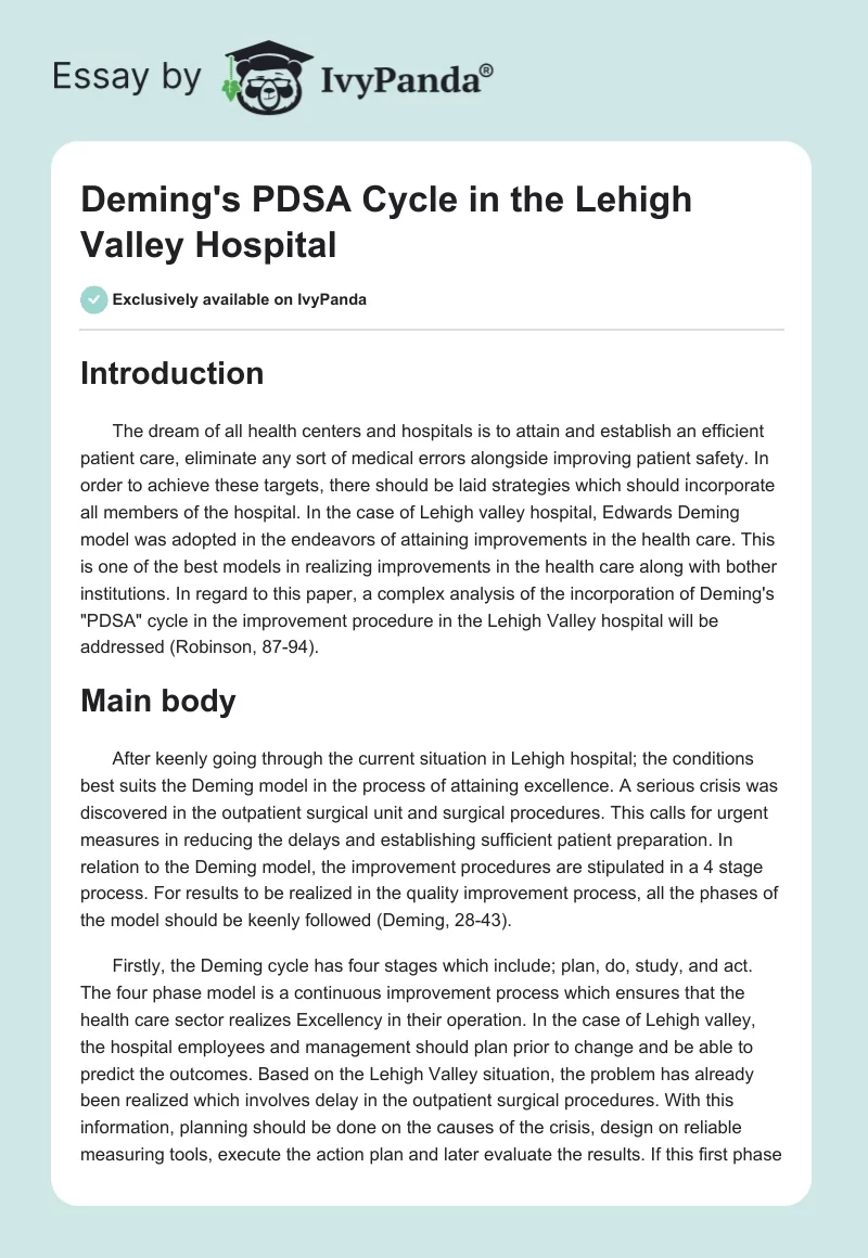 Deming's "PDSA" Cycle in the Lehigh Valley Hospital. Page 1