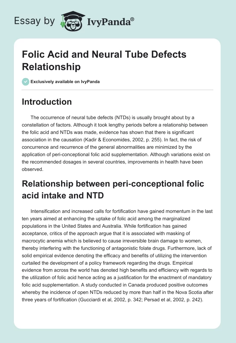 Folic Acid and Neural Tube Defects Relationship. Page 1