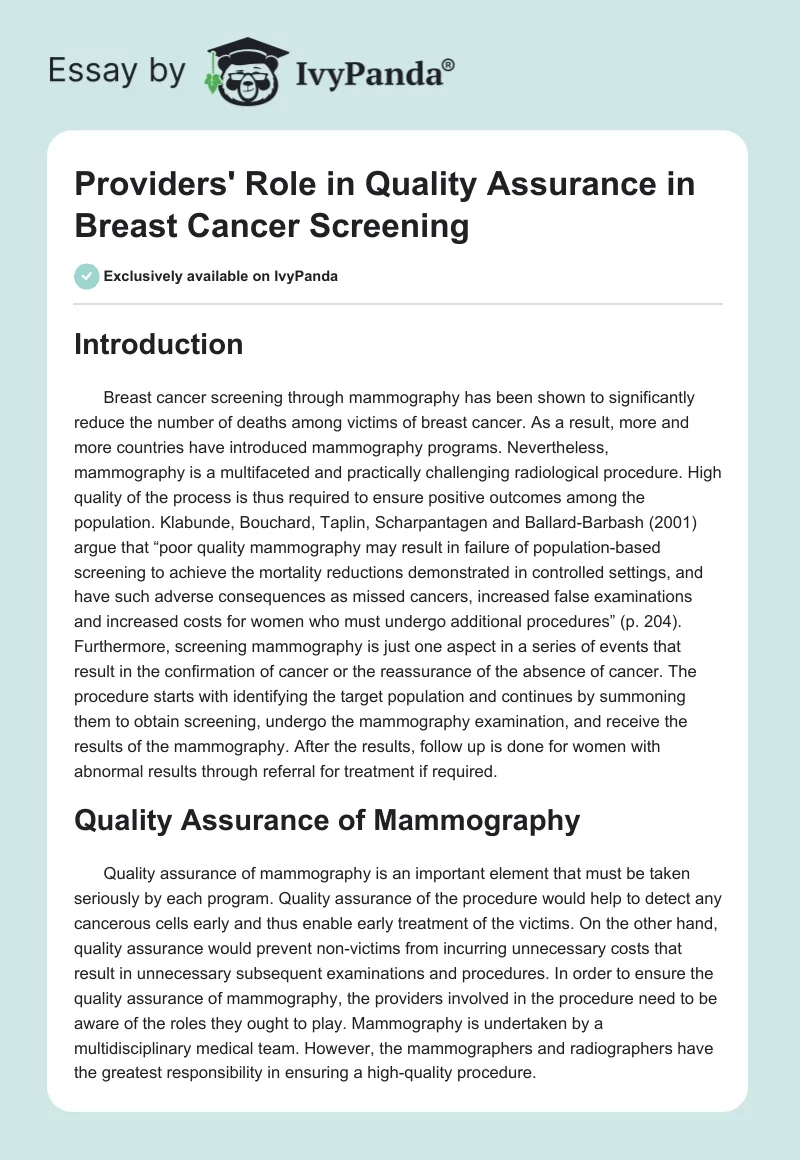 Providers' Role in Quality Assurance in Breast Cancer Screening. Page 1