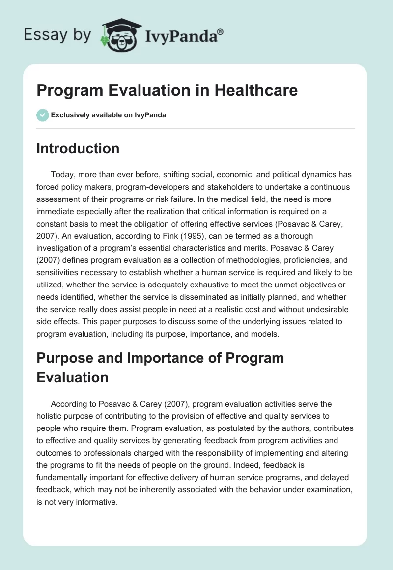 Program Evaluation in Healthcare. Page 1