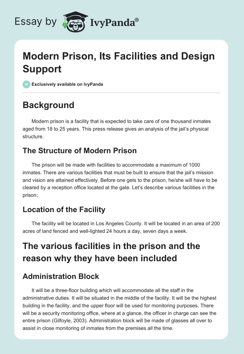Modern Prison, Its Facilities and Design Support. Page 1