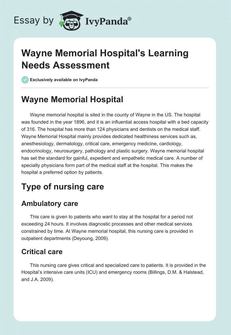 Wayne Memorial Hospital's Learning Needs Assessment. Page 1