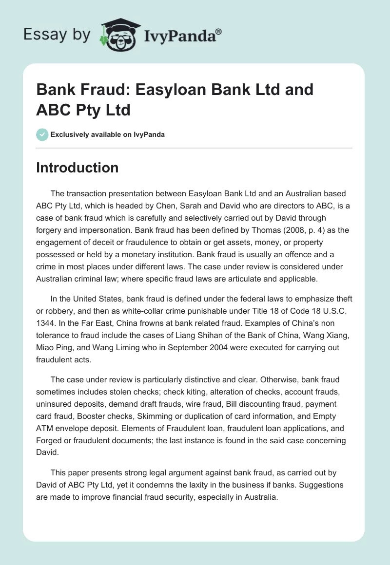 Bank Fraud: Easyloan Bank Ltd and ABC Pty Ltd. Page 1