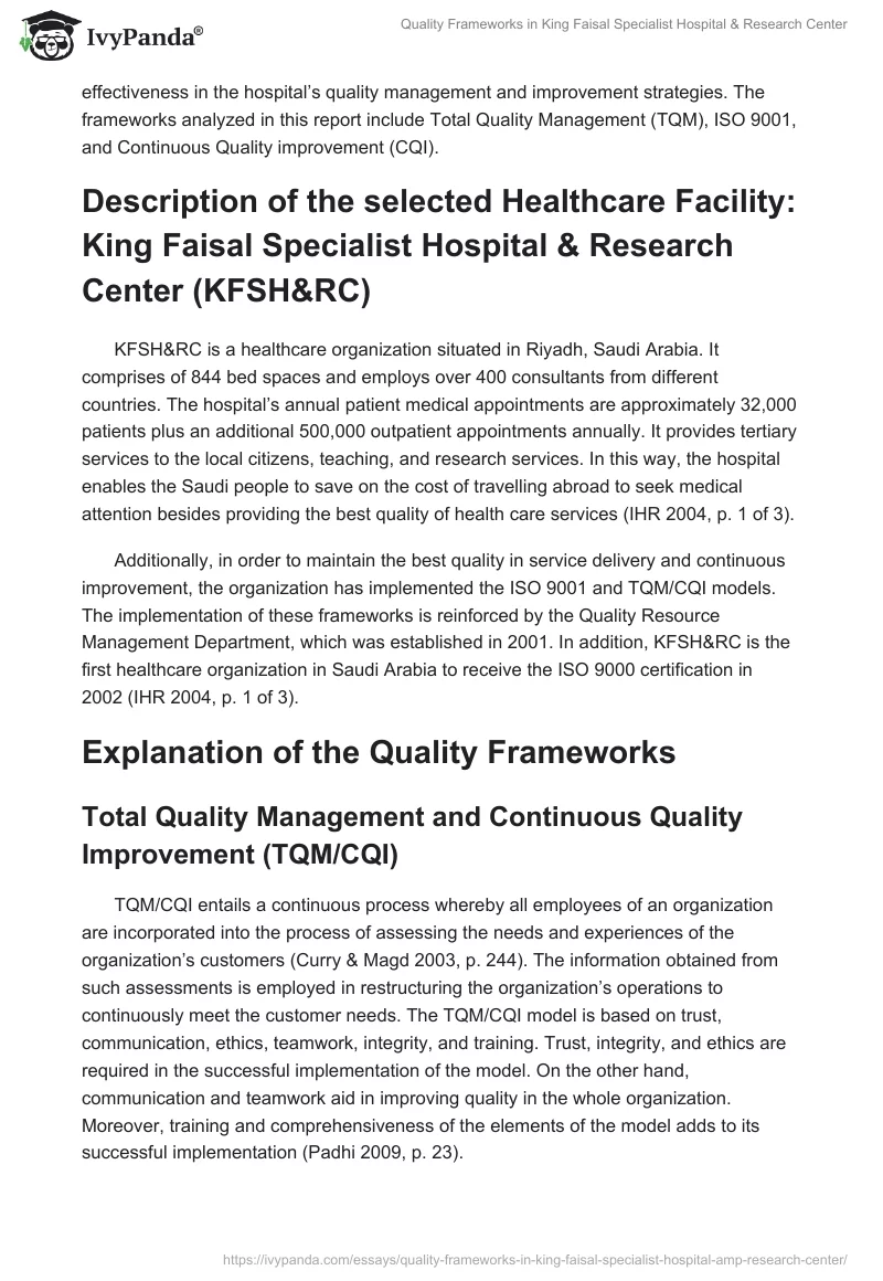 Quality Frameworks in King Faisal Specialist Hospital & Research Center. Page 2