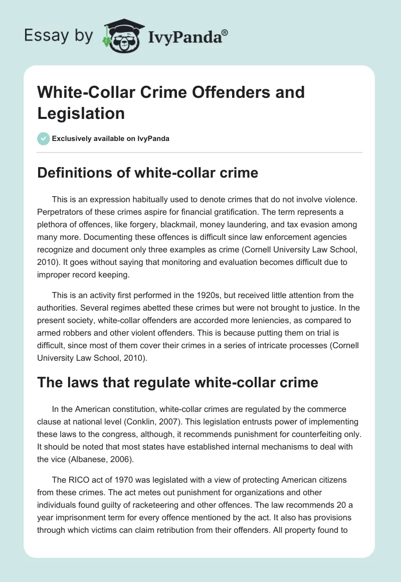 White-Collar Crime Offenders and Legislation. Page 1
