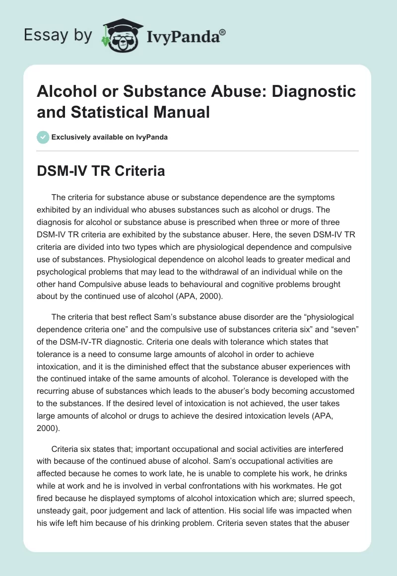 Alcohol or Substance Abuse: Diagnostic and Statistical Manual. Page 1