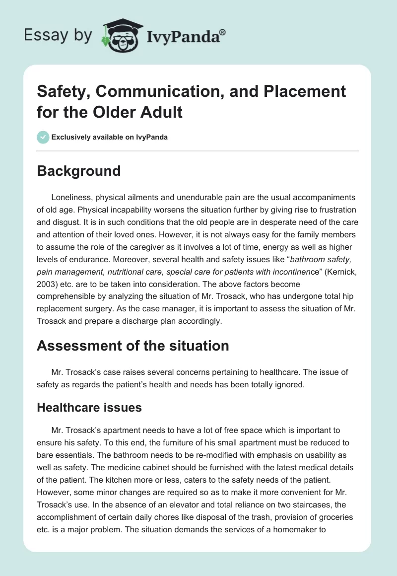 Safety, Communication, and Placement for the Older Adult. Page 1