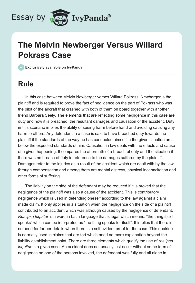 The Melvin Newberger Versus Willard Pokrass Case. Page 1